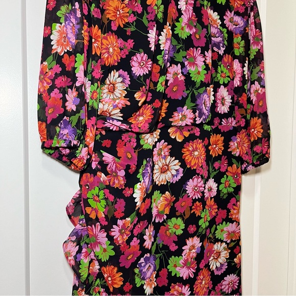 MARELLA - Deep Fuchsia - Floral Ruffle - Long-Sleeve Dress - Women’s 10 - Picture 6 of 11